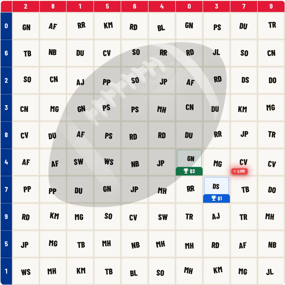 Live 10x10 football squares board on PickMySquare with players' initials, quarter winner stamps, and a live score marker