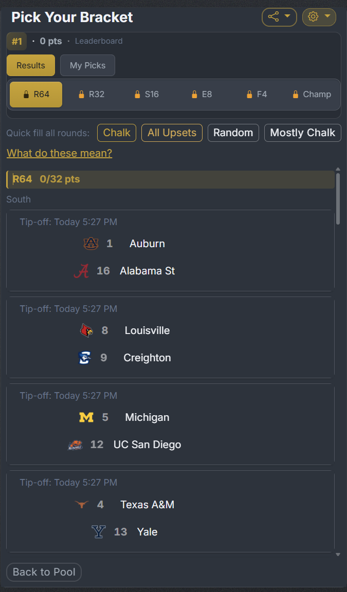 Bracket pool example: matchup picks and leaderboard