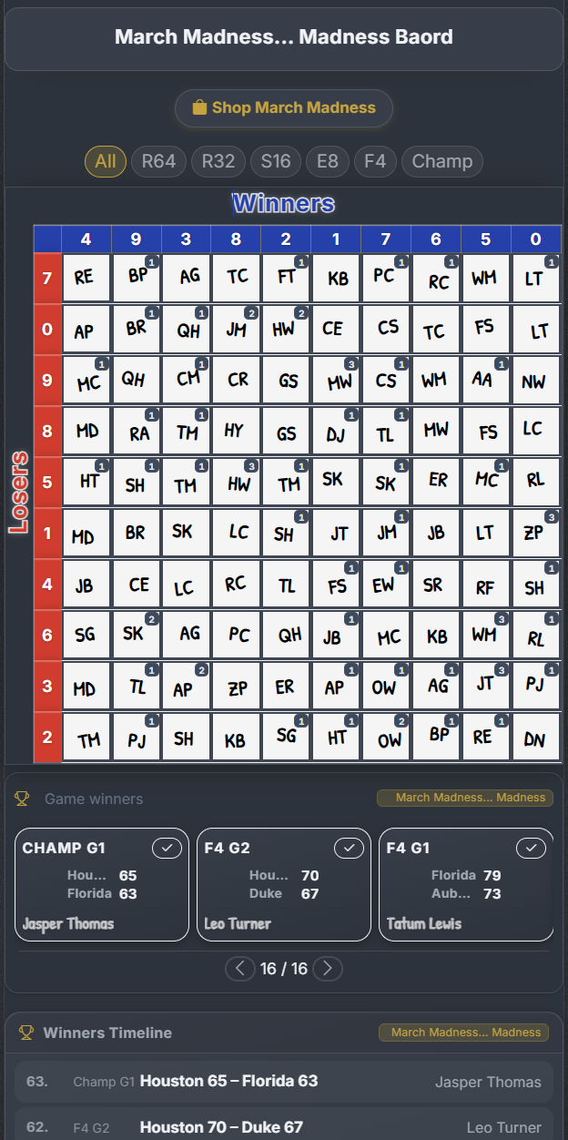 MMM Board example: squares grid with game winners and timeline