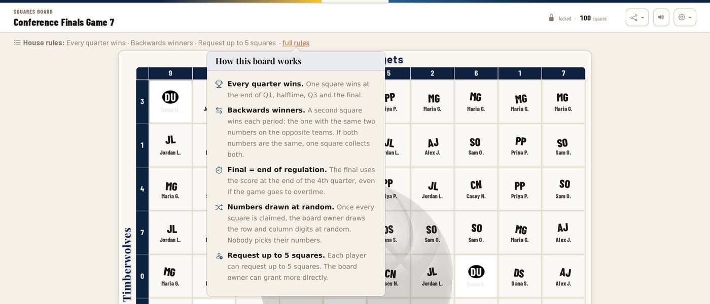 The house rules line under a board header with the full rules popover open