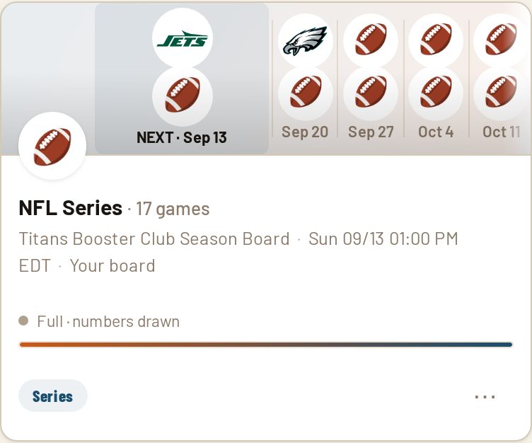 A series board card on My Games showing a strip of the next five scheduled games