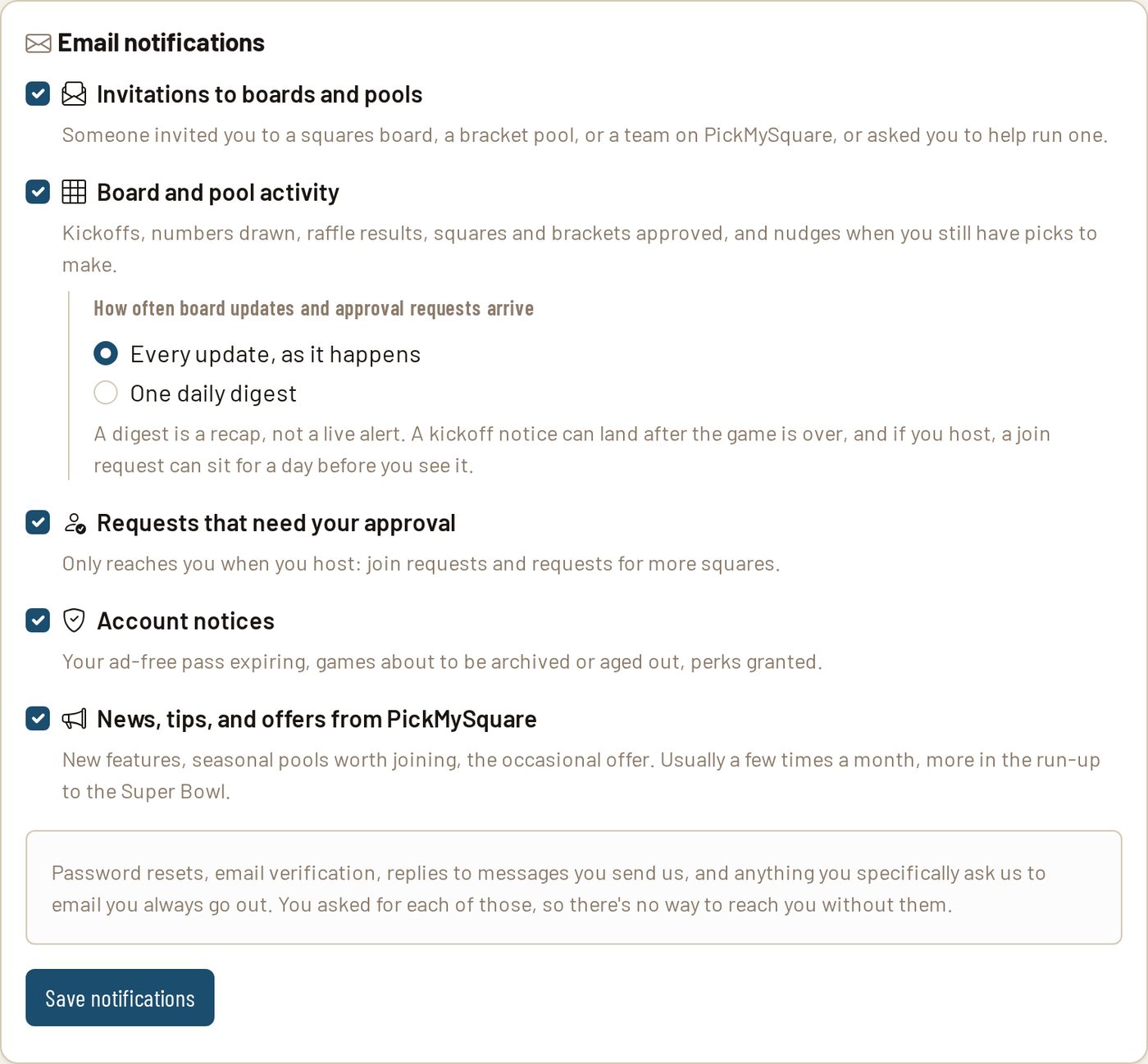 The notifications tab in Account Settings showing the five email category toggles and the digest option